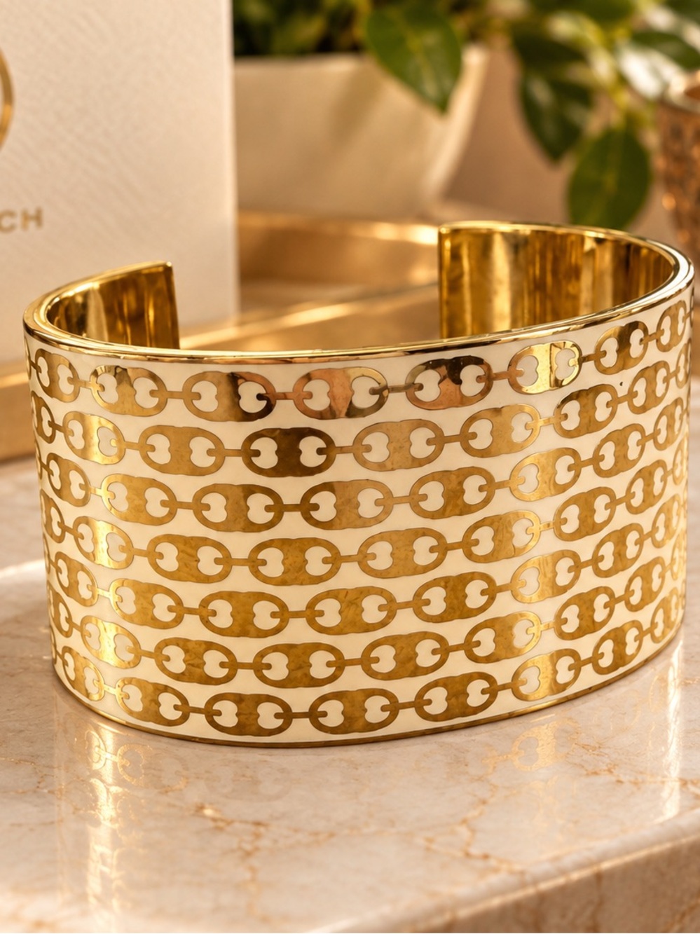 Tory Burch Enamel Printed Gemini Link Cuff Bracelet